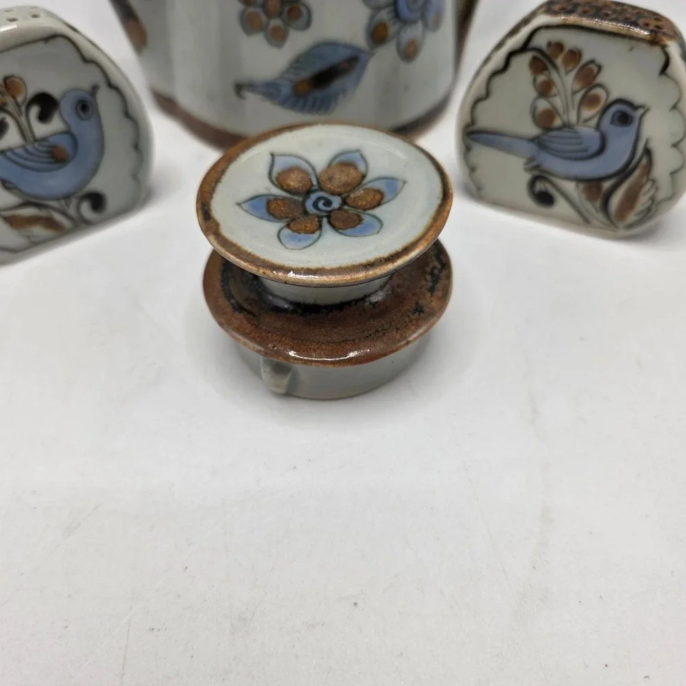 Ken Edwards Tonala Teapot Salt Pepper Shakers Blue Bird Mexican Folk Art Pottery